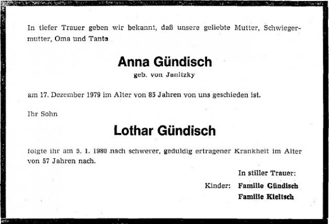 Janitzky Anna 1894-1979 Todesanzeige